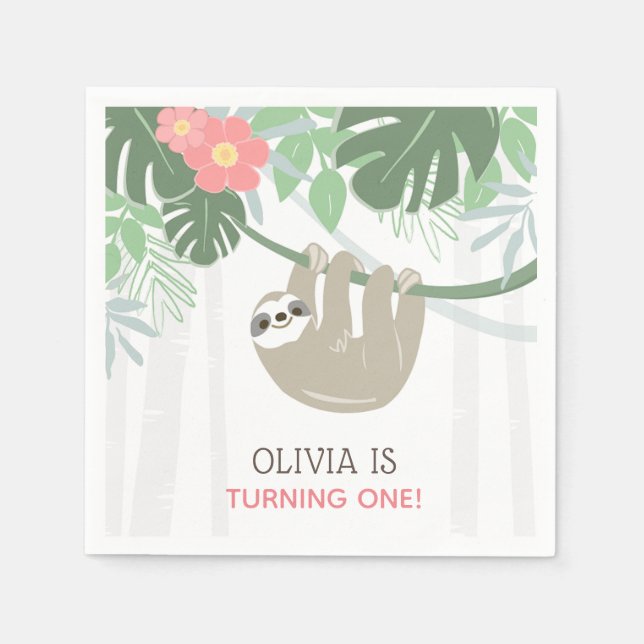 Cute Sloth Tropical Palm Leaves Birthday  Napkin (Front)