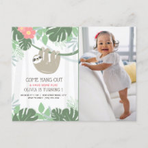 Cute Sloth Tropical Palm Leaves Birthday