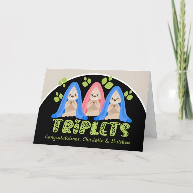 Cute Sloth Two Boys One Girl New Triplet Babies Card (Front)