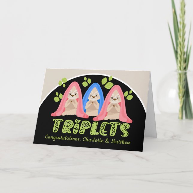 Cute Sloth Two Girls One Boy New Triplet Babies Card (Front)