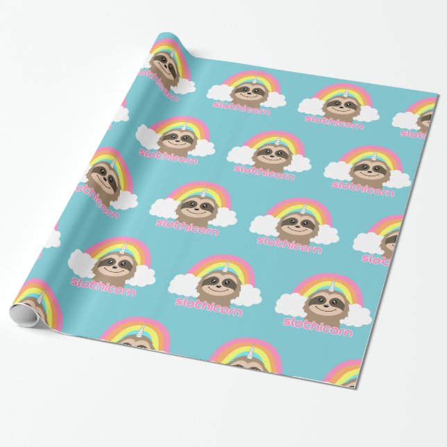 Cute Sloth Unicorn Wrapping Paper (Unrolled)
