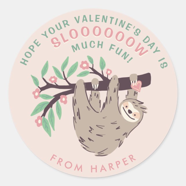 Cute Sloth Valentine's Classic Round Sticker (Front)