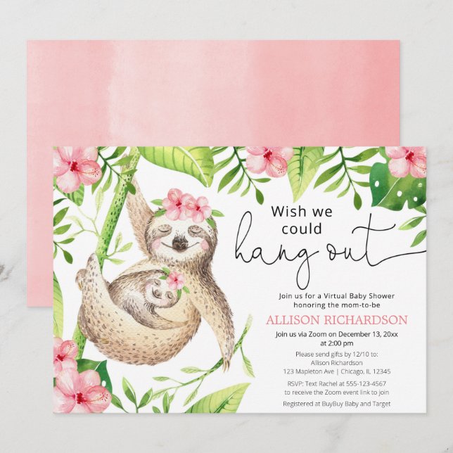 Cute Sloth Virtual baby shower pink tropical girl Invitation (Front/Back)