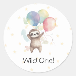 Cute Sloth Watercolor Balloons Wild One Birthday Classic Round Sticker