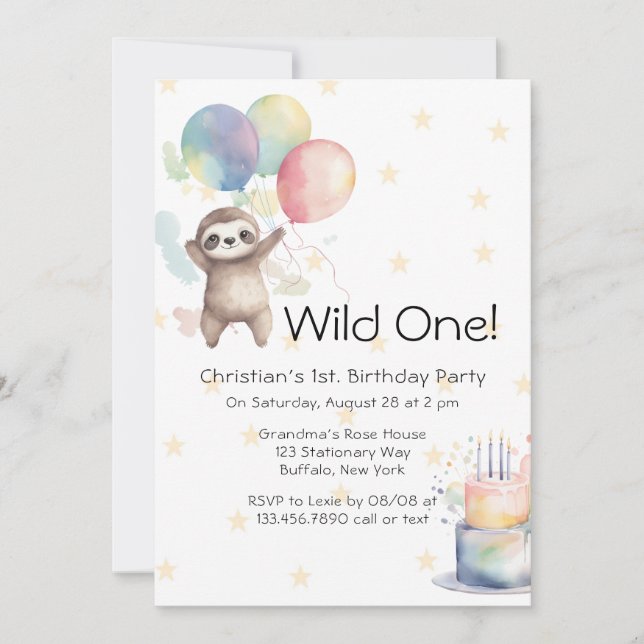 Cute Sloth Watercolor Balloons Wild One Birthday  Invitation (Front)