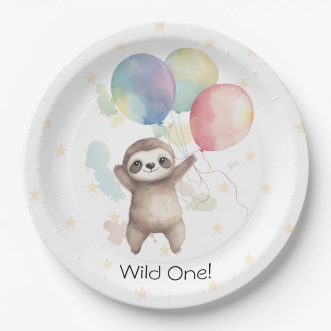 Cute Sloth Watercolor Balloons Wild One Birthday Paper Plate (Front)