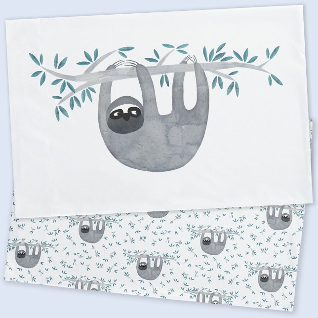 Cute Sloth Watercolor Pillowcase (Sloth watercolor pillowcase with matching sloth pattern on the reverse)