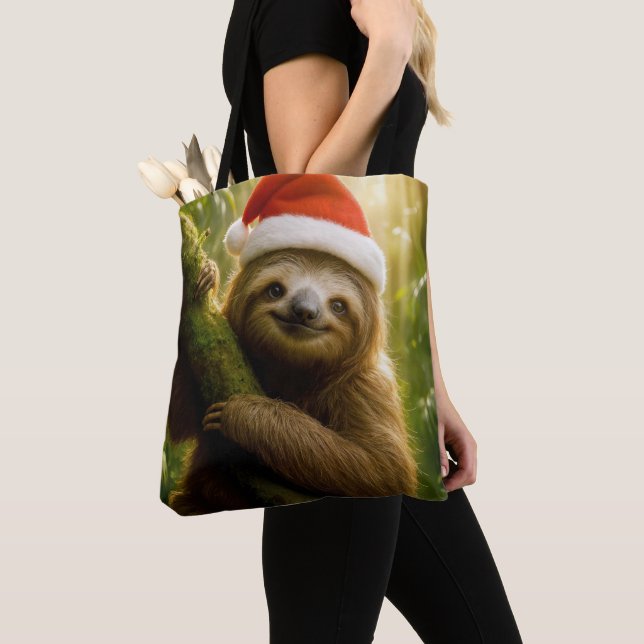 Cute Sloth Wearing a Santa Hat Tote Bag (Close Up)