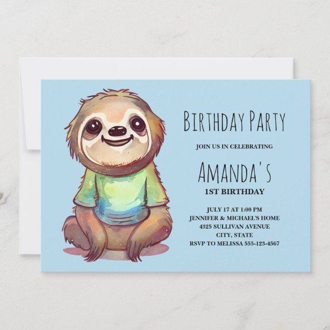 Cute Sloth Wearing a Shirt Birthday Invitation (Front)