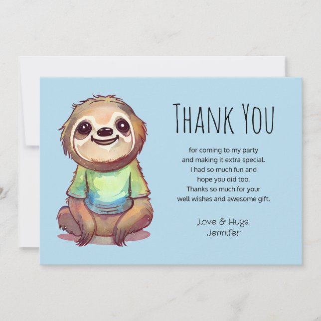 Cute Sloth Wearing a Shirt Thank You Card (Front)