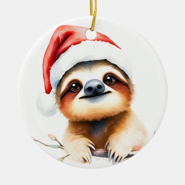 Cute Sloth Wearing Santa Hat Ceramic Tree Decoration (Front)
