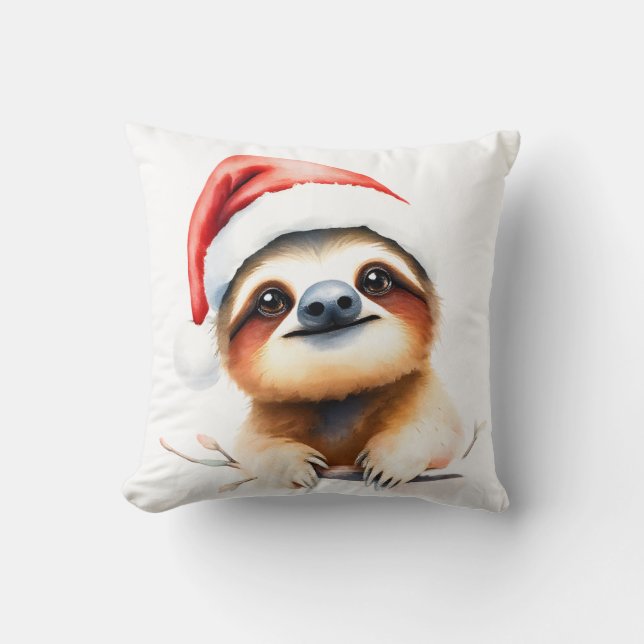 Cute Sloth Wearing Santa Hat Cushion (Front)