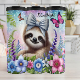 Cute Sloth with Butterflies and Flowers Thermal Tumbler