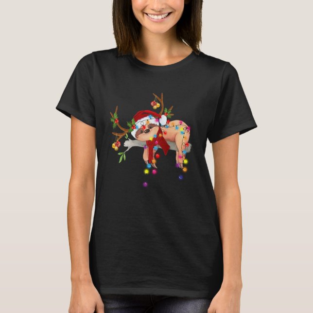 Cute Sloth With Christmas Lights T-Shirt (Front)