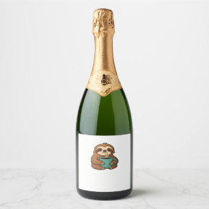 Cute Sloth with Coffee Mug – Cosy Relaxed Animal A Sparkling Wine Label