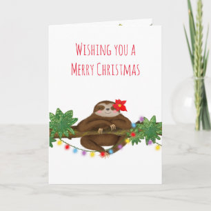 Cute sloth with poinsettia Christmas card