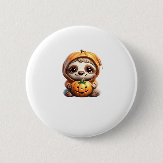 Cute Sloth with Pumpkin Halloween Cartoon Vector I 6 Cm Round Badge (Front)
