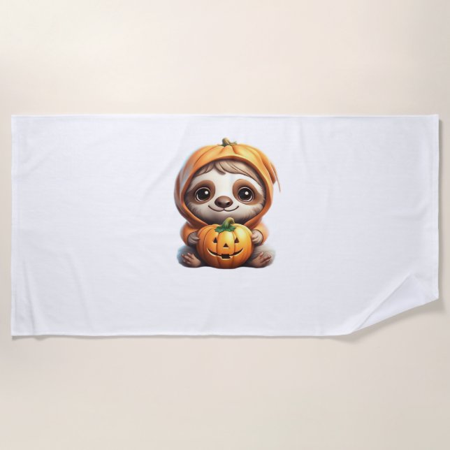Cute Sloth with Pumpkin Halloween Cartoon Vector I Beach Towel (Front)