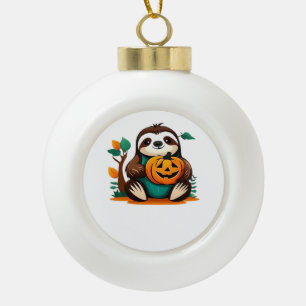 Cute Sloth with Pumpkin Halloween Cartoon Vector I Ceramic Ball Christmas Ornament