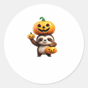 Cute Sloth with Pumpkin Halloween Cartoon Vector I Classic Round Sticker