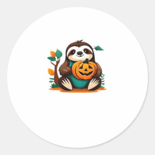 Cute Sloth with Pumpkin Halloween Cartoon Vector I Classic Round Sticker