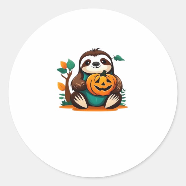 Cute Sloth with Pumpkin Halloween Cartoon Vector I Classic Round Sticker (Front)