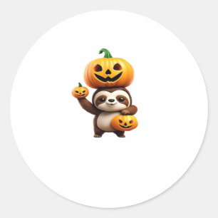 Cute Sloth with Pumpkin Halloween Cartoon Vector I Classic Round Sticker