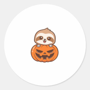 Cute Sloth with Pumpkin Halloween Cartoon Vector I Classic Round Sticker