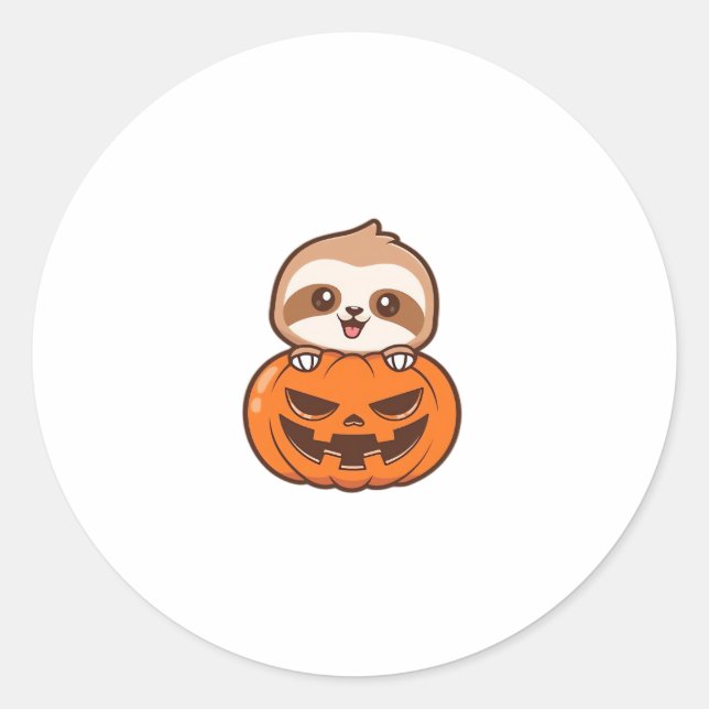 Cute Sloth with Pumpkin Halloween Cartoon Vector I Classic Round Sticker (Front)
