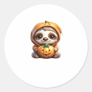 Cute Sloth with Pumpkin Halloween Cartoon Vector I Classic Round Sticker