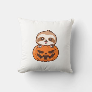 Cute Sloth with Pumpkin Halloween Cartoon Vector I Cushion