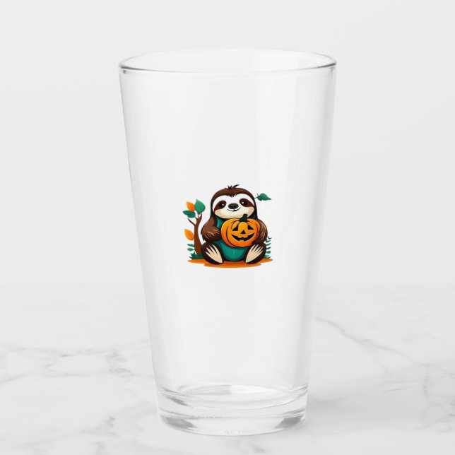 Cute Sloth with Pumpkin Halloween Cartoon Vector I Glass (Front)