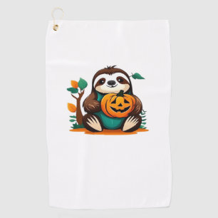 Cute Sloth with Pumpkin Halloween Cartoon Vector I Golf Towel