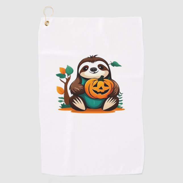 Cute Sloth with Pumpkin Halloween Cartoon Vector I Golf Towel (Front)