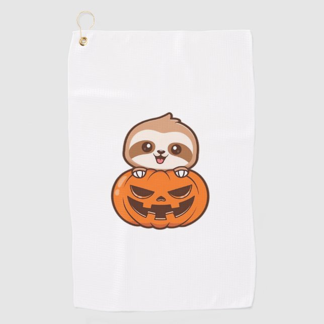 Cute Sloth with Pumpkin Halloween Cartoon Vector I Golf Towel (Front)