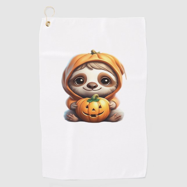 Cute Sloth with Pumpkin Halloween Cartoon Vector I Golf Towel (Front)