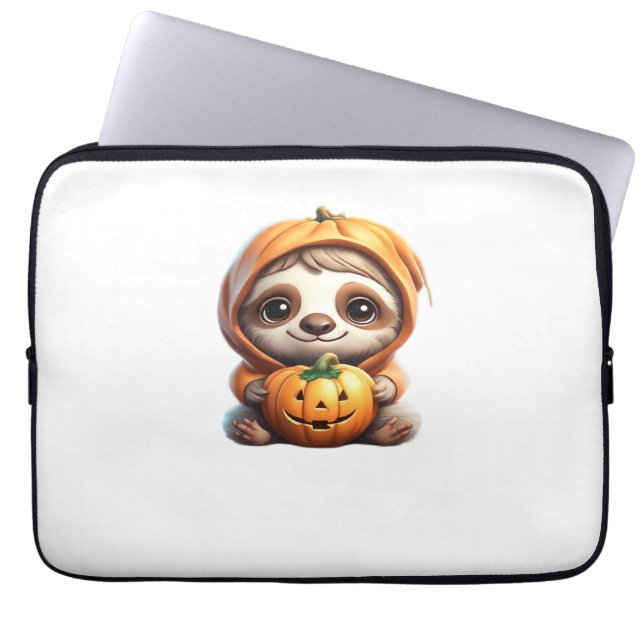 Cute Sloth with Pumpkin Halloween Cartoon Vector I Laptop Sleeve (Front)