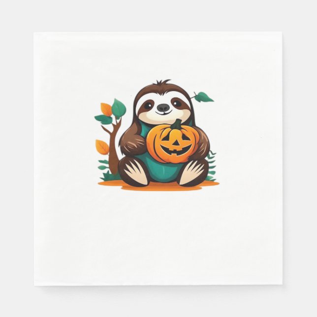Cute Sloth with Pumpkin Halloween Cartoon Vector I Napkin (Front)