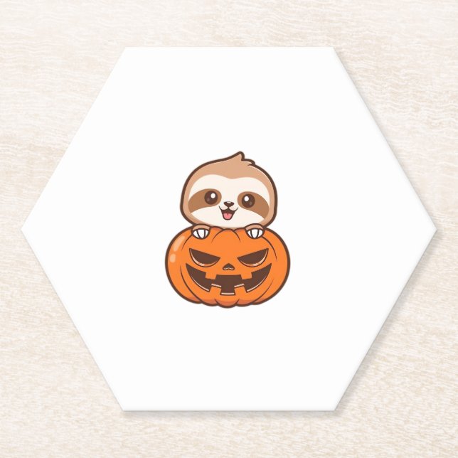 Cute Sloth with Pumpkin Halloween Cartoon Vector I Paper Coaster (Front)