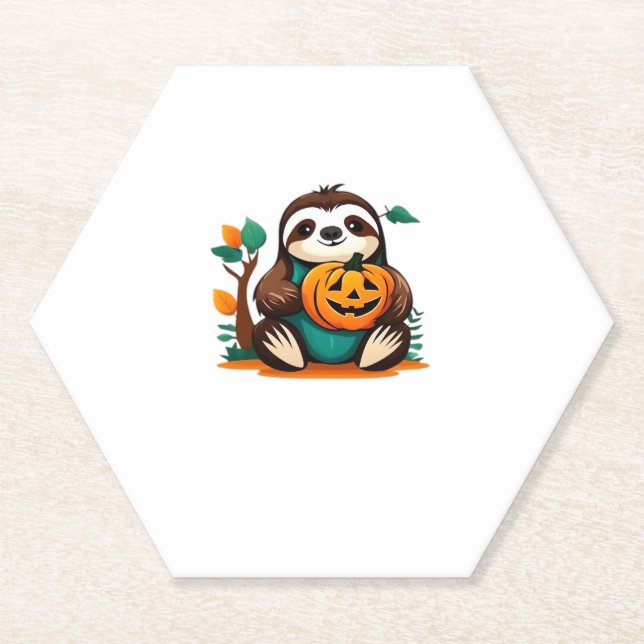 Cute Sloth with Pumpkin Halloween Cartoon Vector I Paper Coaster (Front)