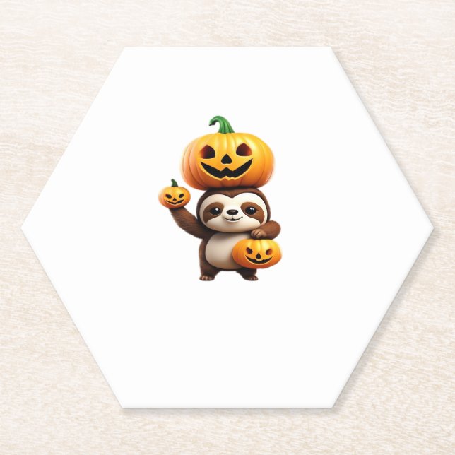 Cute Sloth with Pumpkin Halloween Cartoon Vector I Paper Coaster (Front)