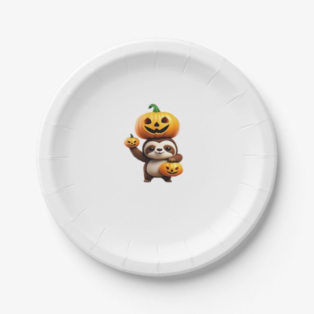 Cute Sloth with Pumpkin Halloween Cartoon Vector I Paper Plate (Front)