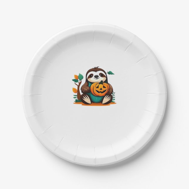Cute Sloth with Pumpkin Halloween Cartoon Vector I Paper Plate (Front)