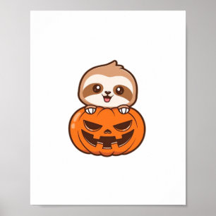 Cute Sloth with Pumpkin Halloween Cartoon Vector I Poster