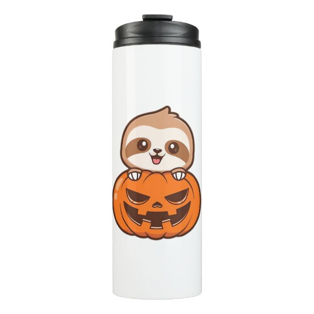 Cute Sloth with Pumpkin Halloween Cartoon Vector I Thermal Tumbler (Front)