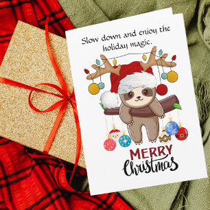 Cute Sloth with Santa Hat,Christmas Lights & Balls Holiday Card
