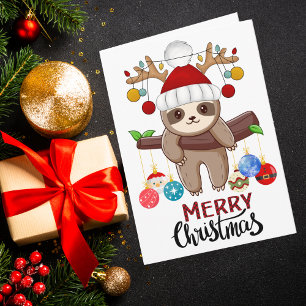 Cute Sloth with Santa Hat,Christmas Lights & Balls Holiday Card