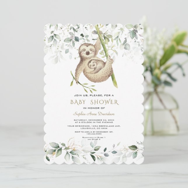 Cute Sloths Airy Greenery Gold Baby Shower  Invitation (Standing Front)