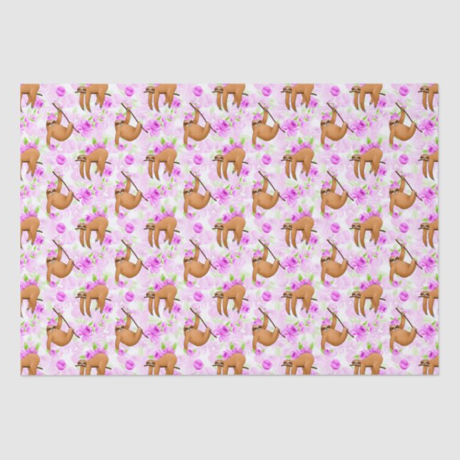 Cute sloths and flowers tiled wrapping paper (Front)