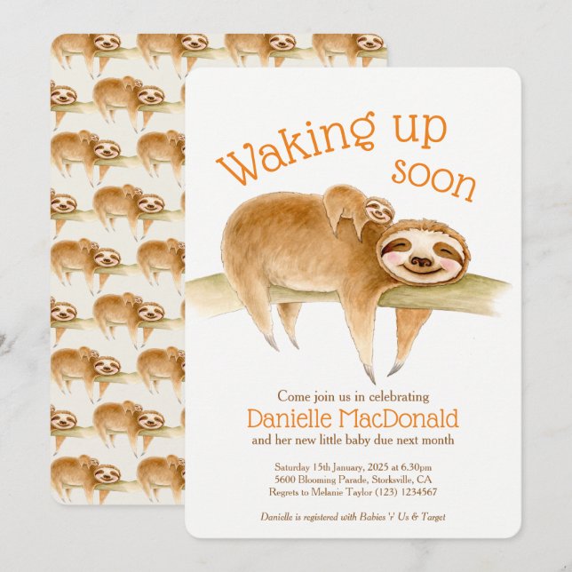Cute sloths animal watercolor baby shower invitation (Front/Back)